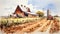 Rusty Debris: Precise Watercolor Drawing Of Australian Farm With Tractor