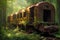 rusty, derailed train car in a forest setting