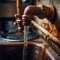 Rusty faucet above the sink, the flow of water from the tap. Generative