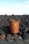 The rusty garbage bin on the volcanic land.