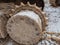 Rusty gear of tracked bulldozer. Gear metal part of the tractor