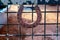 A rusty horse shoe hung on a gate outside a house to bring luck