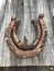 Rusty horseshoes on barn