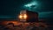 Rusty industrial ship delivering cargo containers at dusk generated by AI