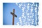 Rusty iron cross against a blue background - Rebuild our faith - Christian cross concept image in jigsaw puzzle shape