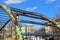 Rusty jungle gym with leafless paint at playground