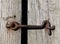 Rusty metal hook in old wooden door