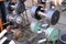 rusty metal on kettlebells, dumbbells and canters. Antique items for weighing products. For bodybuilding, for sports at home