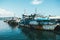 A rusty old barge moored in the port.