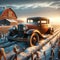 Rusty Old Farm Vehicle Weathered Vintage Red Barn Historic Winter Landscape Scenic Country Agriculture AI Generated Fa