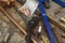 Rusty old pair of plumbers grips on a workbench