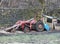 A rusty old red abandoned tractor next to a collapsing derelict wooden shed against a stone wall in a field