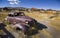 Rusty oldtimer in ghost town Bodie, an old gold digger town in California, USA