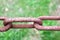 Rusty oxidized brown link of an old strong forged metal iron chain against a background of green