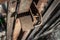 Rusty padlock hanging on wooden rural gate outdoors. View from above. Locked gates, locked doors, closed area, restricted passage