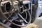 Rusty pickup truck body, steering wheel closeup view