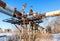 Rusty pipeline with valves against the blue sky background