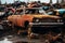Rusty remnants junkyard filled with old cars, highlighting environmental pollution