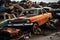 Rusty remnants junkyard filled with old cars, highlighting environmental pollution