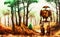 Rusty robot wandering around forest in a wasteland