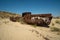 Rusty ship wreck in the deserted Aral Sea near Muynak en Uzbekistan