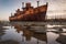 rusty shipwreck on dry land near old dockyards