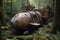 rusty spacecraft half-buried in a dense forest