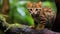 Rusty-spotted cat stalking her prey in Ceylon nature with one front paw raised. Small cat from wild Sri lanka keeps