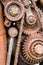 Rusty sprockets and gearwheels of old industrial machine