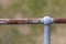 A rusty steel fence post and hand rail