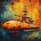 Rusty Submarine: Colorful Moebius Style Oil Painting On Orange Background