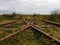 Rusty track and points of the remote disused Rowtor Target Railway, Dartmoor