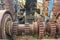 Rusty transmission gears of an old broken tank close-up