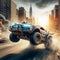a rusty tuned custom madmax style car speed in apocalyptic burning city dystopian scene future