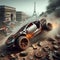 a rusty tuned custom madmax style car speed in apocalyptic burning city dystopian scene future