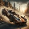 a rusty tuned custom madmax style car speed in apocalyptic burning city dystopian scene future