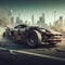 a rusty tuned custom madmax style car speed in apocalyptic burning city dystopian scene future