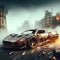 a rusty tuned custom madmax style car speed in apocalyptic burning city dystopian scene future