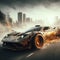 a rusty tuned custom madmax style car speed in apocalyptic burning city dystopian scene future