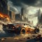 a rusty tuned custom madmax style car speed in apocalyptic burning city dystopian scene future