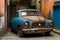 A rusty, vintage car parked in a forgotten alleyway generated by Ai