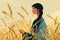 Ruth is picking ears of corn in the field, vector illustration, Bible story. Generative AI