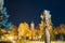 Ruzhany, Brest Region, Belarus. Starry Sky Above Sts Peter and Paul Orthodox Church And Wooden Sculptures Figures Of