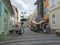 Ruzomberok, Slovakia, August 30, 2020: street view of Ruzomberok old town city center pedestrian zone with group of