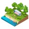 RV camper in camping, family vacation travel, holiday trip in motorhome Flat 3d vector isometric illustration.