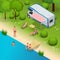 RV camper in camping, family vacation travel, holiday trip in motorhome Flat 3d vector isometric illustration.