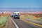 RV Camper Van on the Road. Exploring the USA. Holiday American trip. Motorhome, caravan on a road. Vehicle motor home