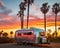 The RV caravan camper park is at the campground during sunset.