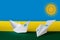 Rwanda flag depicted on paper origami airplane and boat. Handmade arts concept