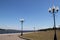 Rybinsk. View of the building of the grain exchange, the Holy Transfiguration Cathedral and the bridge over the Volga river. View